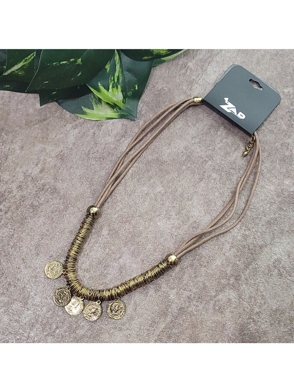 ZAD brown leather & gold toned coin necklace NEW